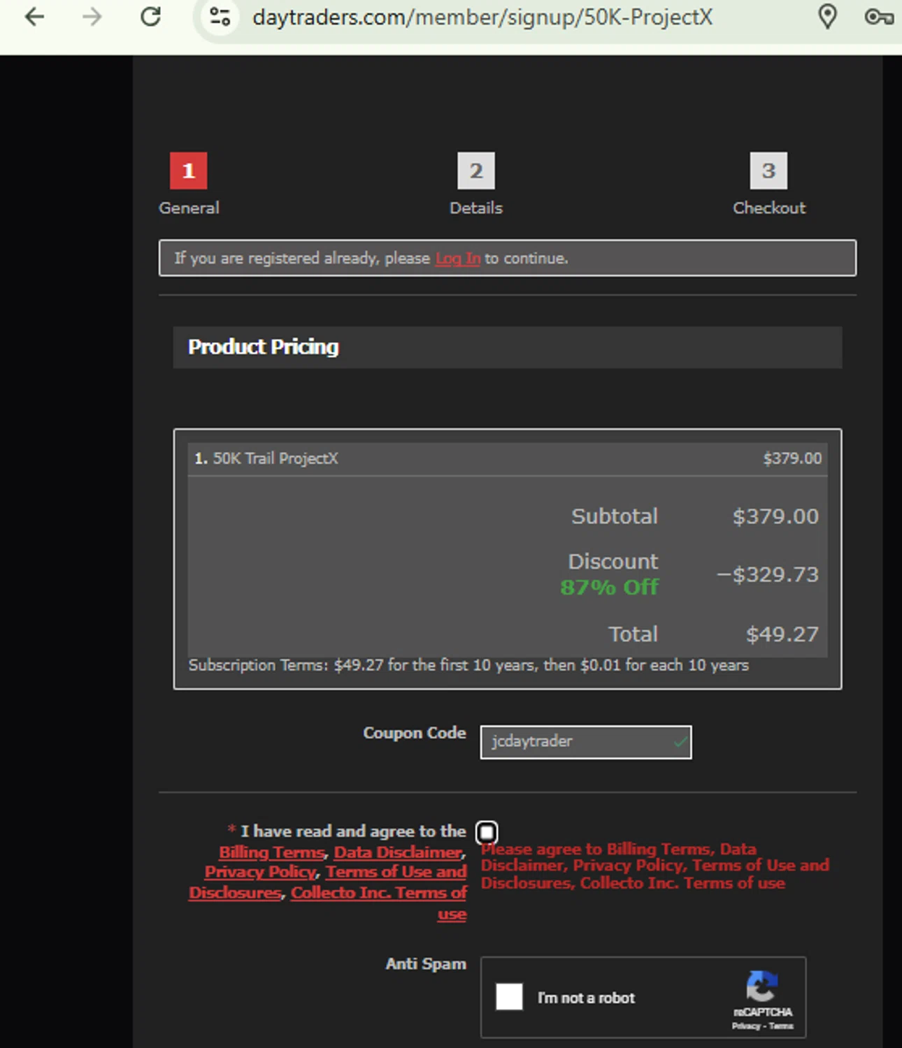 DayTraders.com promo code screenshot showing code jcdaytrader applied at DayTraders.com checkout page. Uploaded by SimplyCodes community member CashMaestro9337 on Dec 7, 2025