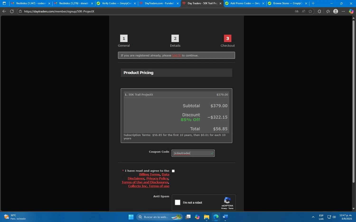 DayTraders.com promo code screenshot showing code jcdaytrader applied at DayTraders.com checkout page. Uploaded by SimplyCodes community member Mdeoca on Sep 3, 2025