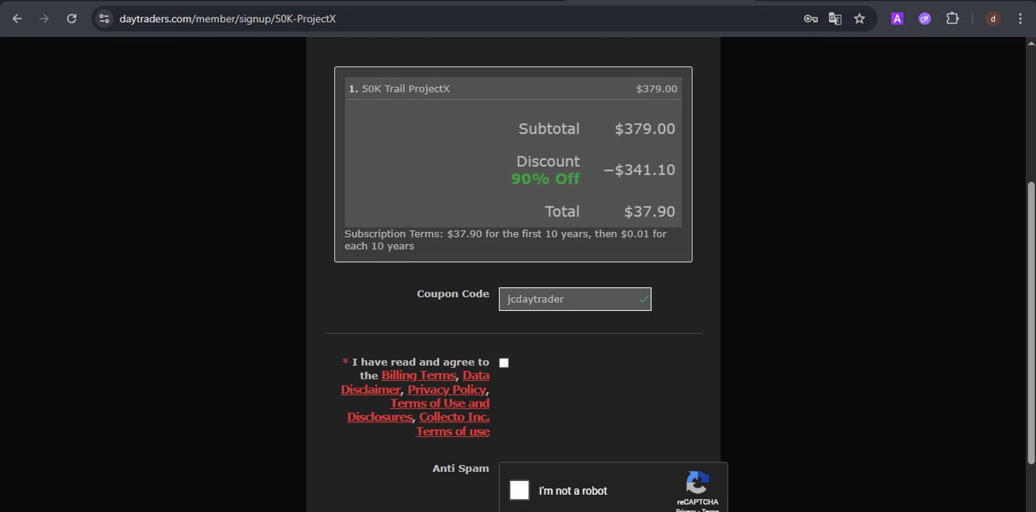 DayTraders.com promo code screenshot showing code jcdaytrader applied at DayTraders.com checkout page. Uploaded by SimplyCodes community member VoucherSpotter9376 on Nov 2, 2025