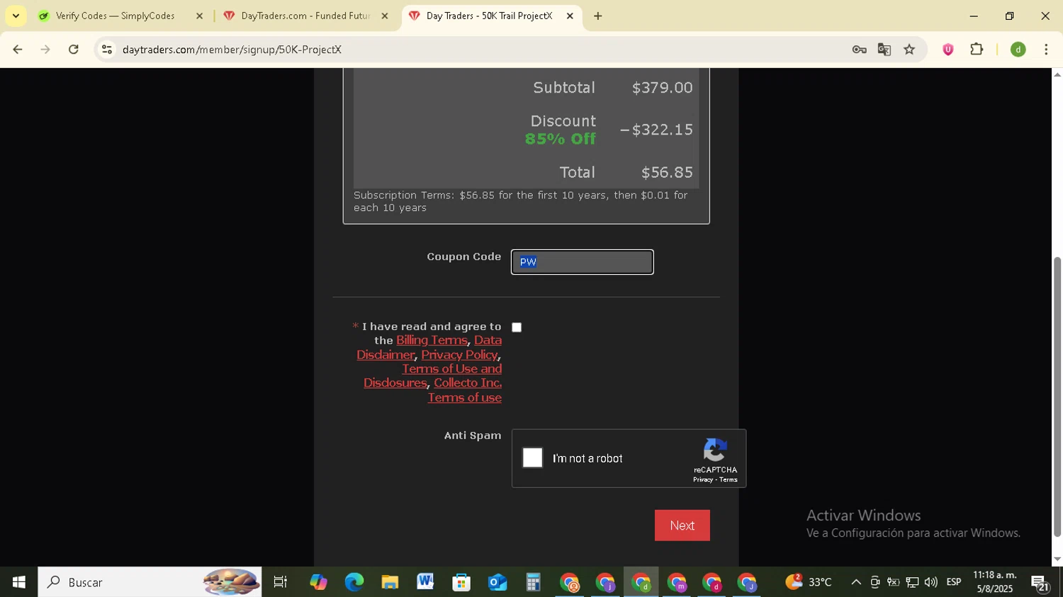 DayTraders.com promo code screenshot showing code PW applied at DayTraders.com checkout page. Uploaded by SimplyCodes community member SavingsSentinel833 on Aug 5, 2025