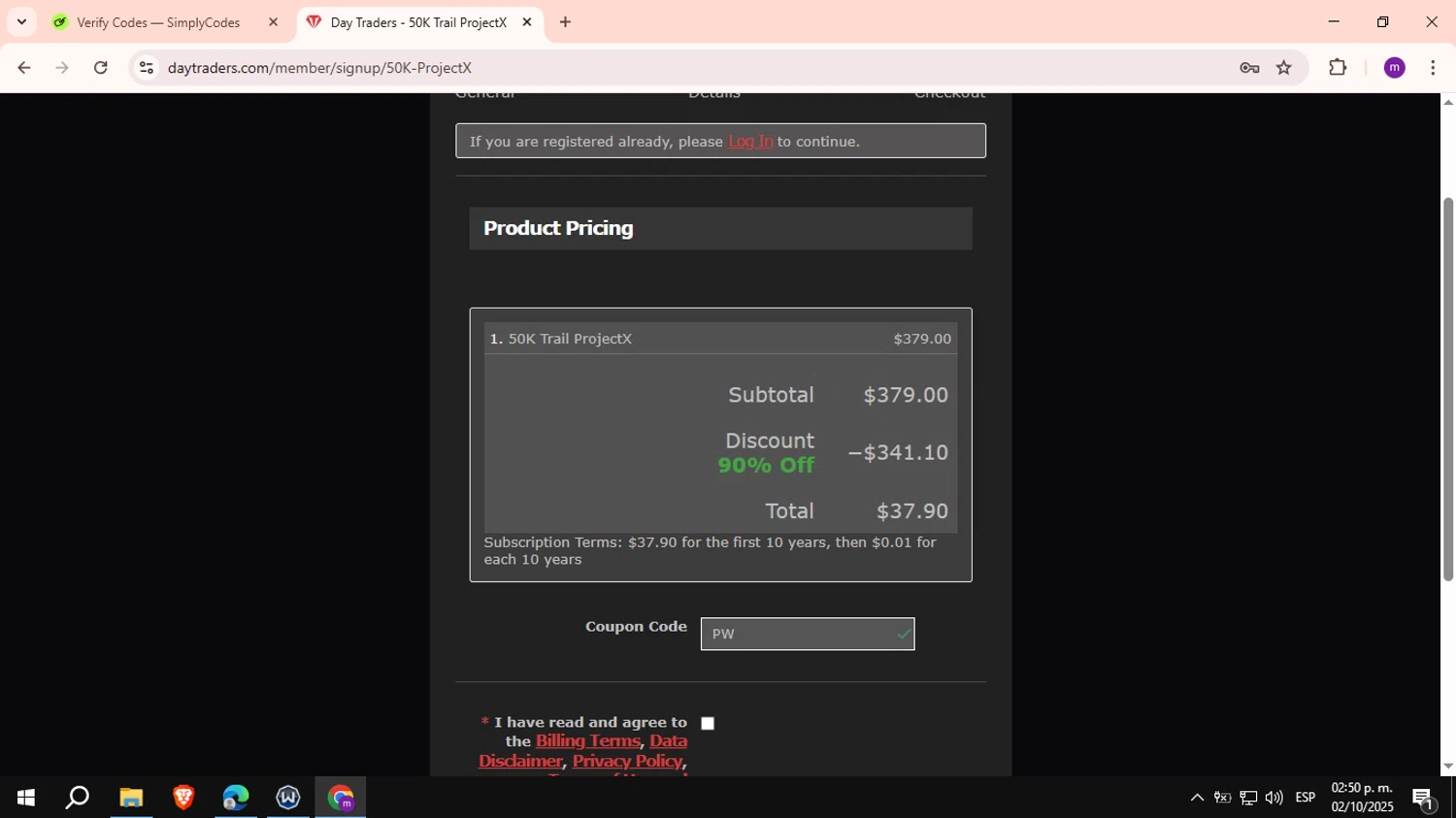 DayTraders.com promo code screenshot showing code PW applied at DayTraders.com checkout page. Uploaded by SimplyCodes community member VictoriousCurator6515 on Oct 2, 2025