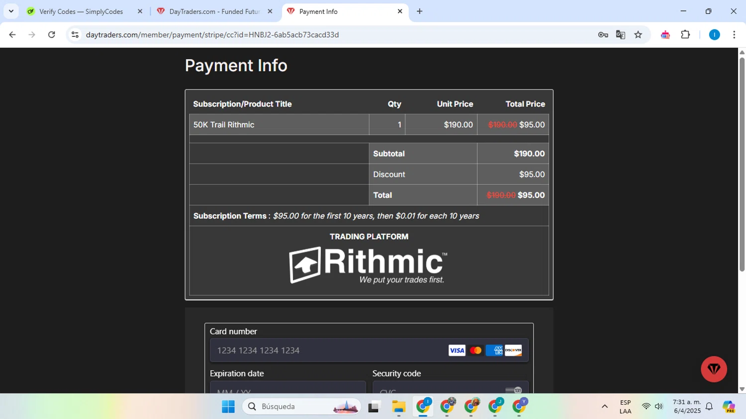 DayTraders.com promo code screenshot showing code PATHWAY applied at DayTraders.com checkout page. Uploaded by SimplyCodes community member Derecksrob on Apr 6, 2025