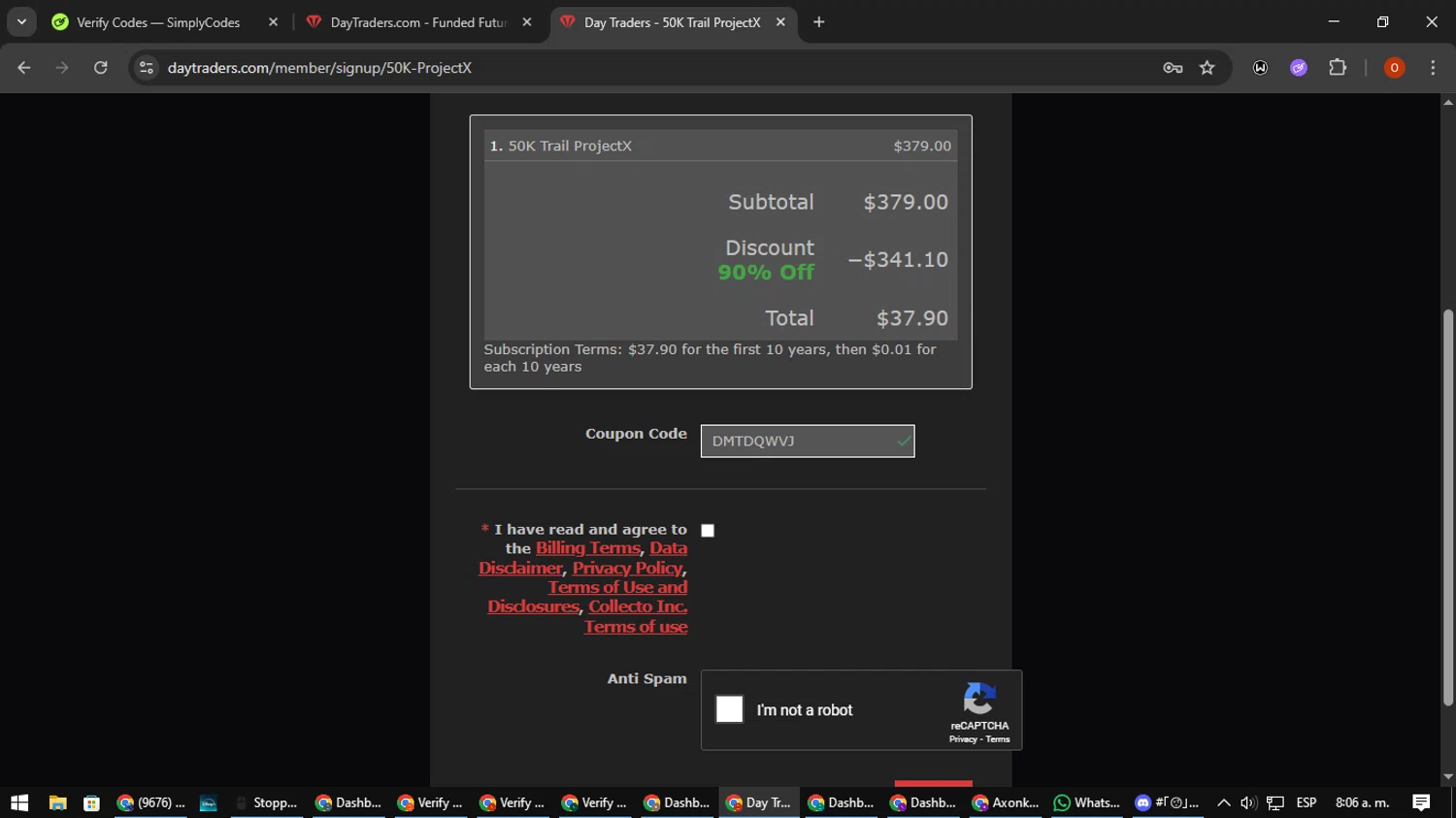 DayTraders.com promo code screenshot showing code DMTDQWVJ applied at DayTraders.com checkout page. Uploaded by SimplyCodes community member CleverSpotter3730 on Sep 6, 2025