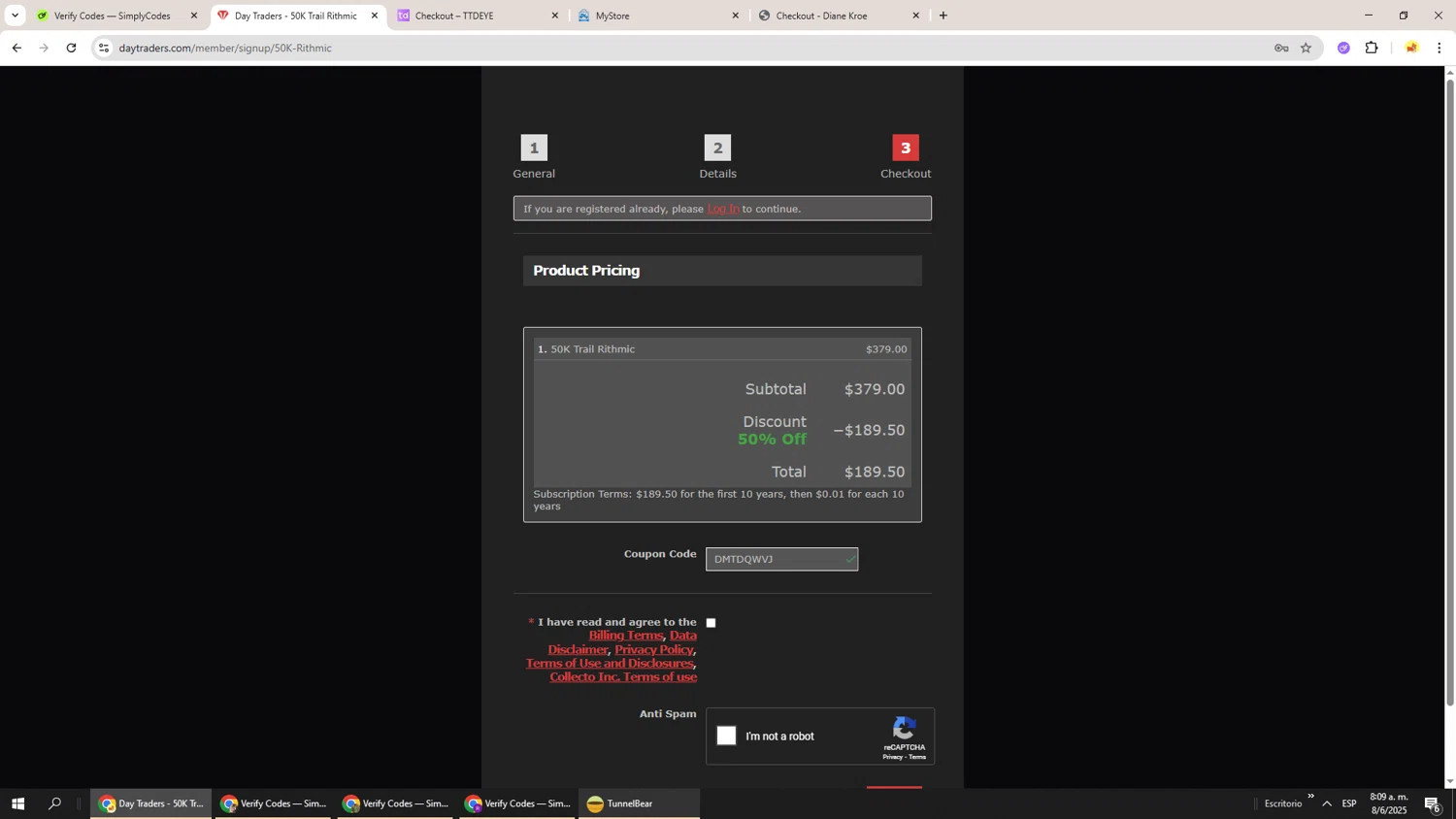 DayTraders.com promo code screenshot showing code DMTDQWVJ applied at DayTraders.com checkout page. Uploaded by SimplyCodes community member Richard251 on Jun 8, 2025