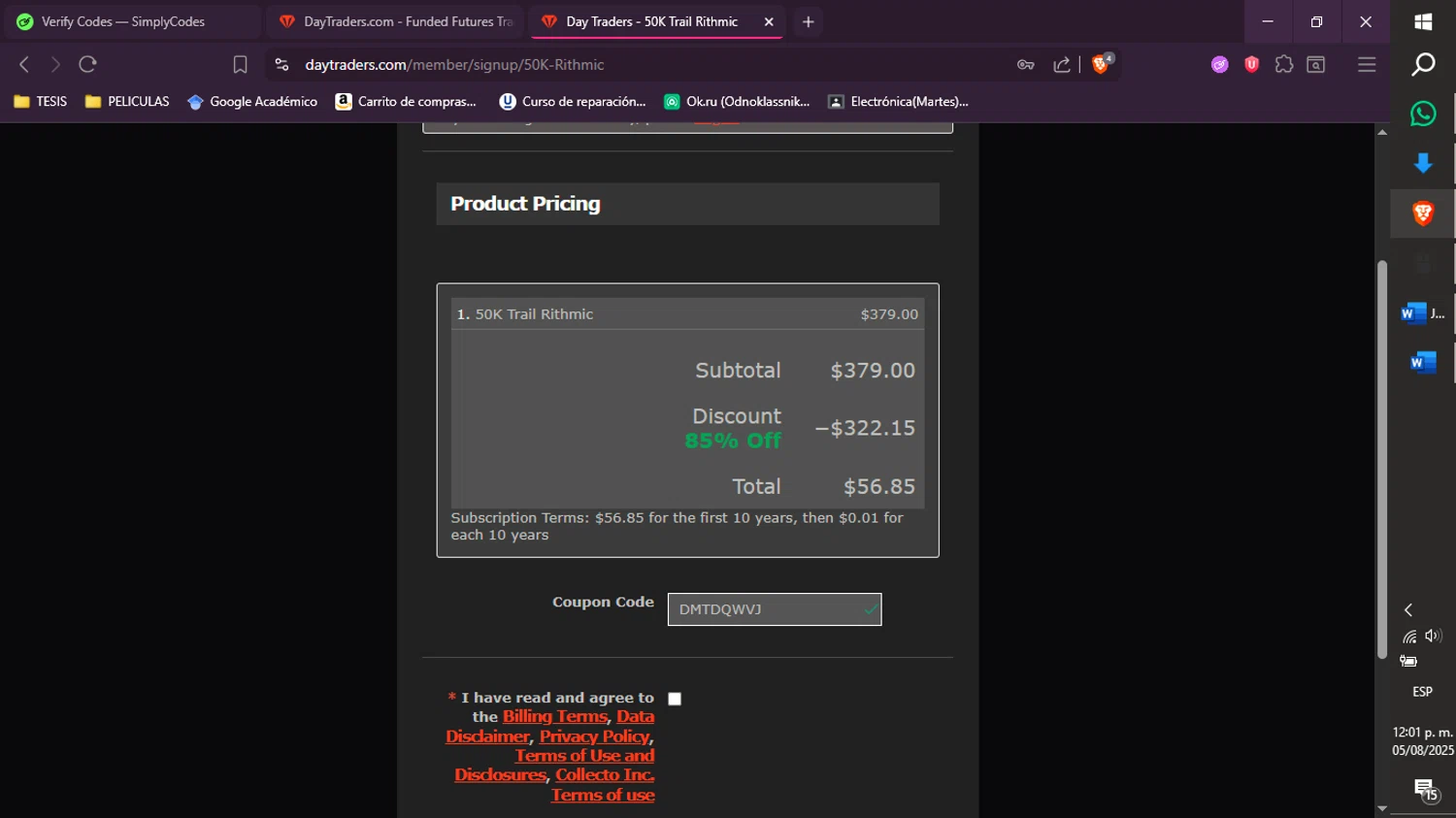 DayTraders.com promo code screenshot showing code DMTDQWVJ applied at DayTraders.com checkout page. Uploaded by SimplyCodes community member xXdevoragoticas69Xx on Aug 5, 2025