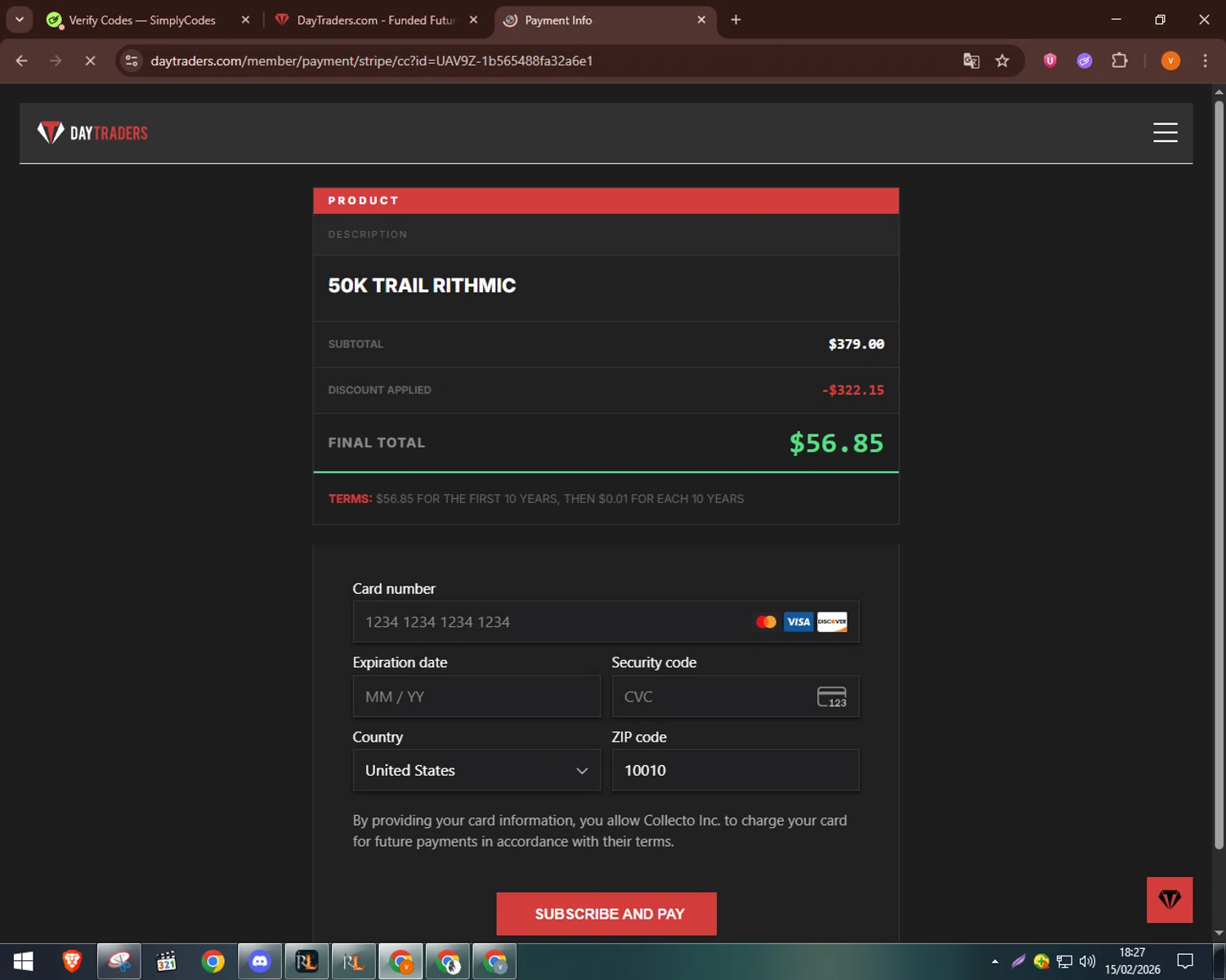 DayTraders.com promo code screenshot showing code SUMON applied at DayTraders.com checkout page. Uploaded by SimplyCodes community member bulbasaur69 on Feb 15, 2026