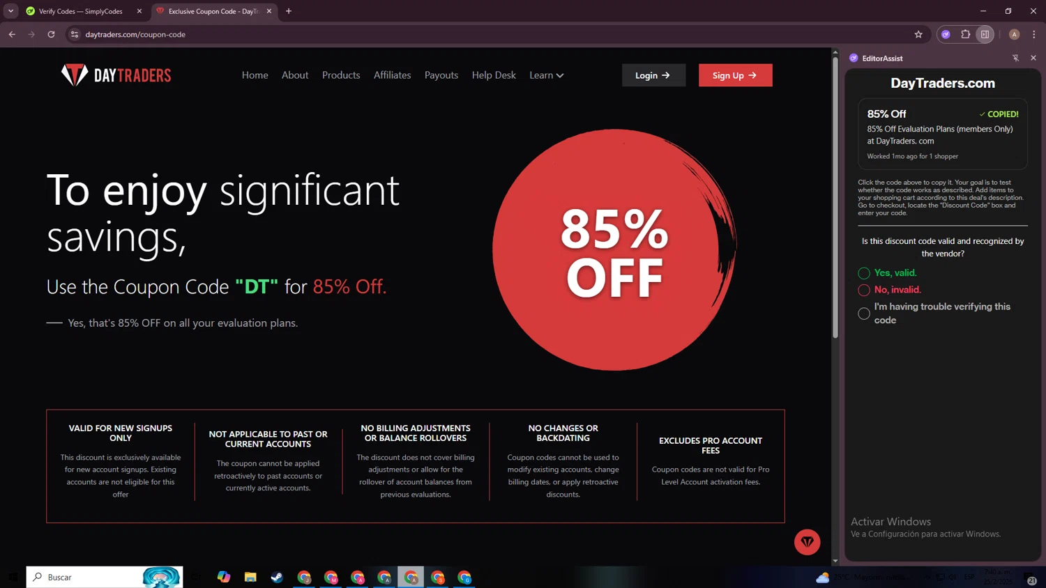 DayTraders.com promo code screenshot showing code DT applied at DayTraders.com checkout page. Uploaded by SimplyCodes community member BargainGenius8397 on Feb 25, 2026
