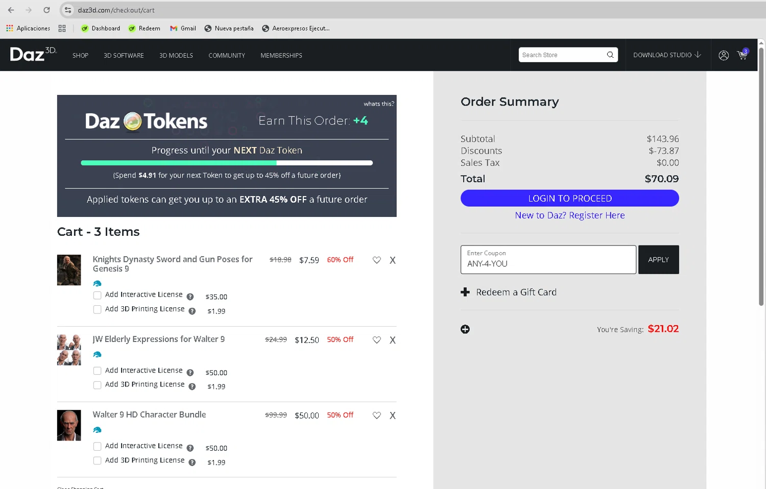 DAZ 3D promo code screenshot showing code ANY-4-YOU applied at DAZ 3D checkout page. Uploaded by SimplyCodes community member Turiderss on Dec 20, 2025