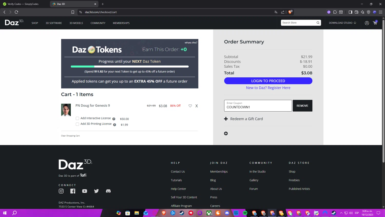 DAZ 3D promo code screenshot showing code COUNTDOWN1 applied at DAZ 3D checkout page. Uploaded by SimplyCodes community member Nekiro on Dec 19, 2025