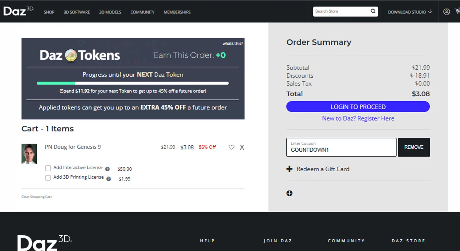 DAZ 3D promo code screenshot showing code COUNTDOWN1 applied at DAZ 3D checkout page. Uploaded by SimplyCodes community member DORIANGEL on Dec 19, 2025
