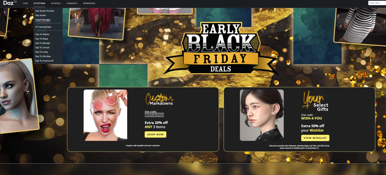 DAZ 3D promo code screenshot showing code ANY-4-YOU applied at DAZ 3D checkout page. Uploaded by SimplyCodes community member Aressss on Nov 21, 2025