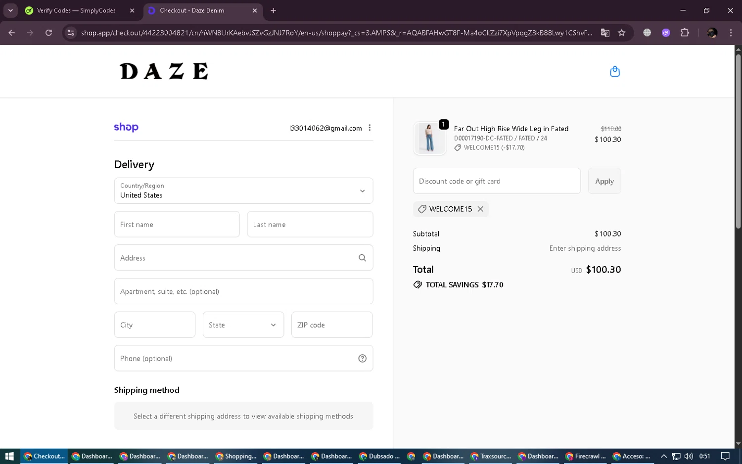 Daze Denim checkout page showing Daze Denim coupon code box | Screenshot taken by SimplyCodes community member on Feb 7, 2026