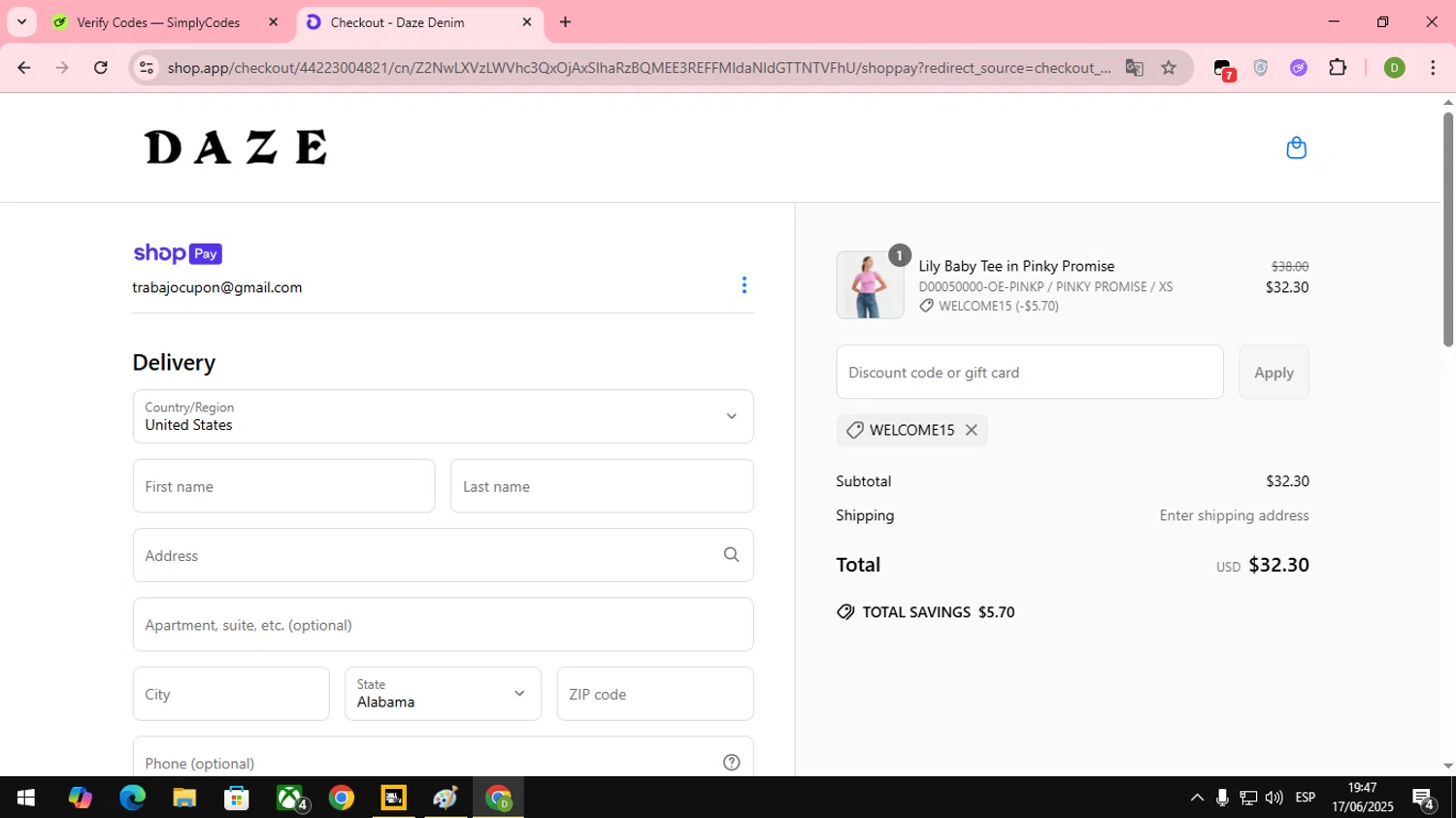 Daze Denim coupon code screenshot showing code WELCOME15 applied at Daze Denim checkout page. Uploaded by SimplyCodes community member MoneyMaven8597 on Jun 17, 2025