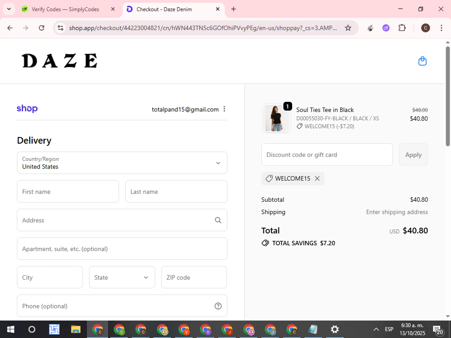 Daze Denim coupon code screenshot showing code WELCOME15 applied at Daze Denim checkout page. Uploaded by SimplyCodes community member WonderCurator7831 on Oct 13, 2025