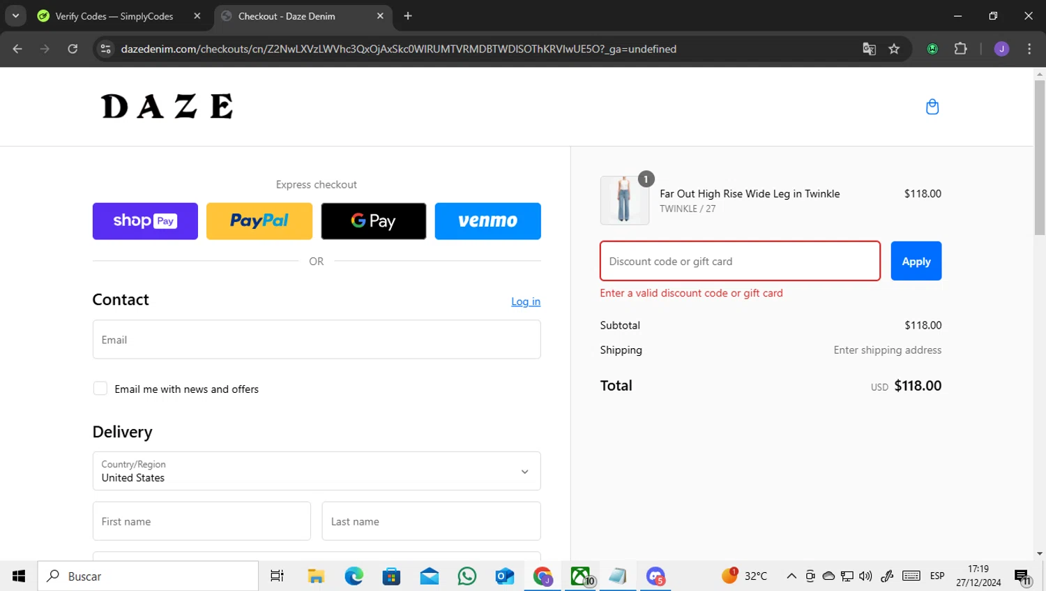 Daze Denim coupon code screenshot showing code EARLYACCESS20 applied at Daze Denim checkout page. Uploaded by SimplyCodes community member ENCARAMESSI on Dec 27, 2024