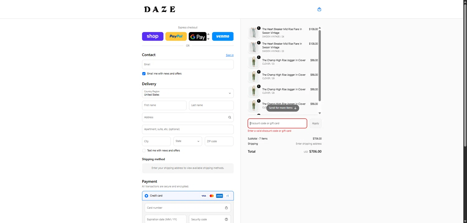 Daze Denim coupon code screenshot showing code EARLYACCESS20 applied at Daze Denim checkout page. Uploaded by SimplyCodes community member QuestKnight7206 on Feb 13, 2026