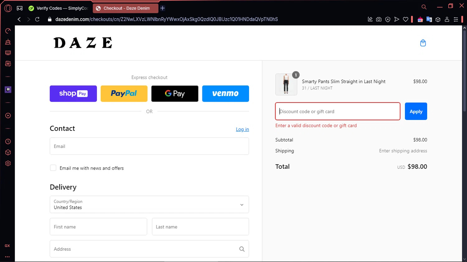 Daze Denim coupon code screenshot showing code vip25 applied at Daze Denim checkout page. Uploaded by SimplyCodes community member MoneySentinel1166 on Jan 9, 2025