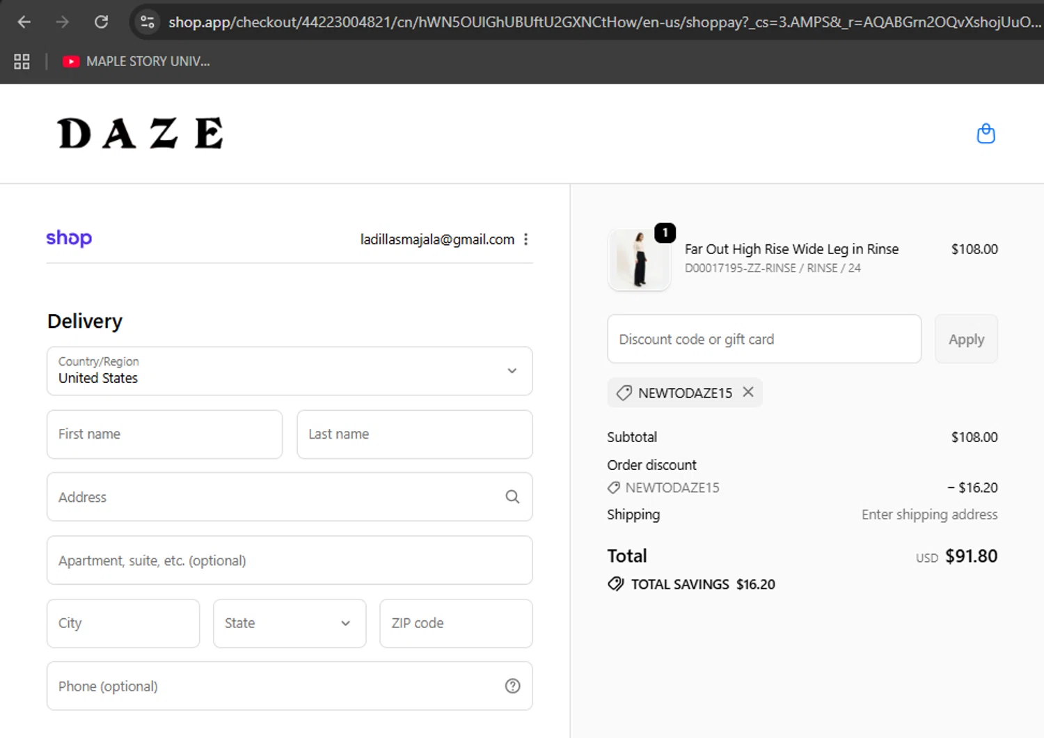 Daze Denim coupon code screenshot showing code NEWTODAZE15 applied at Daze Denim checkout page. Uploaded by SimplyCodes community member BudgetTiger2988 on Nov 17, 2025