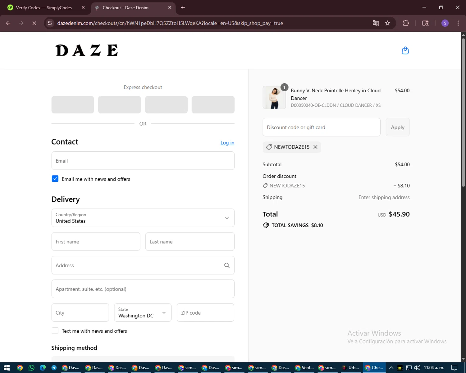 Daze Denim coupon code screenshot showing code NEWTODAZE15 applied at Daze Denim checkout page. Uploaded by SimplyCodes community member LuckyVoyager688 on Aug 15, 2025