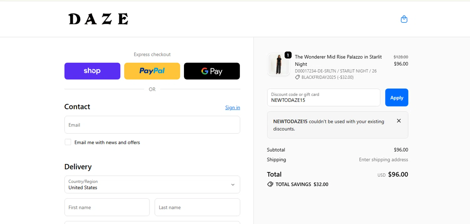 Daze Denim coupon code screenshot showing code NEWTODAZE15 applied at Daze Denim checkout page. Uploaded by SimplyCodes community member MoneyHunter5624 on Nov 27, 2025