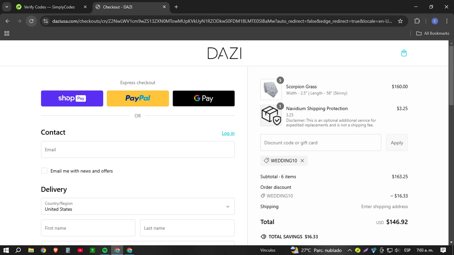 DAZI discount code screenshot showing code WEDDING10 applied at DAZI checkout page. Uploaded by SimplyCodes community member Cotu1208 on Jan 30, 2025