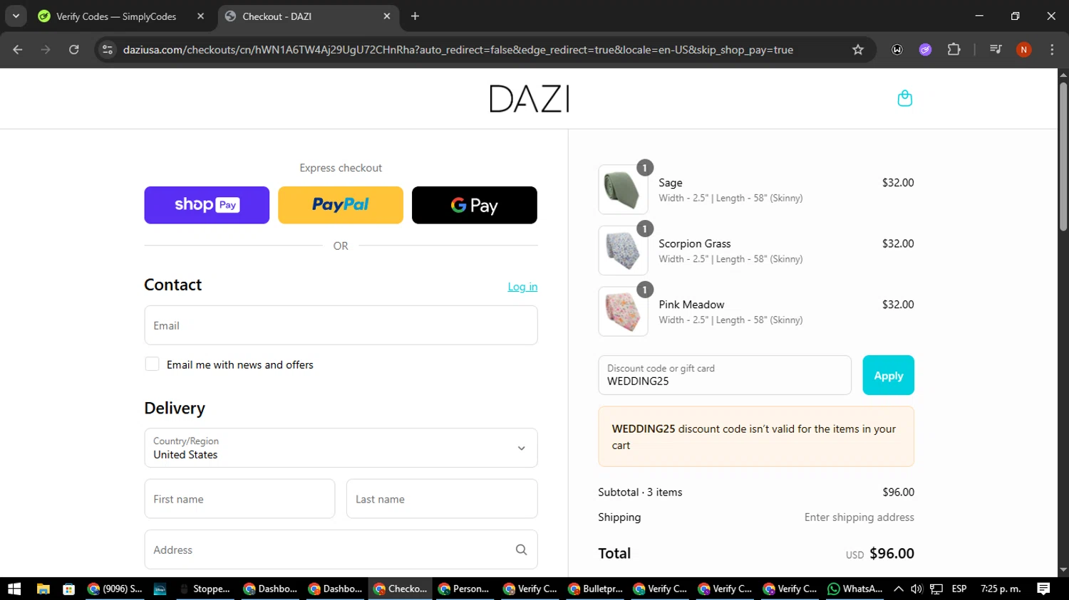DAZI discount code screenshot showing code WEDDING25 applied at DAZI checkout page. Uploaded by SimplyCodes community member MagnificentScout194 on Jul 28, 2025