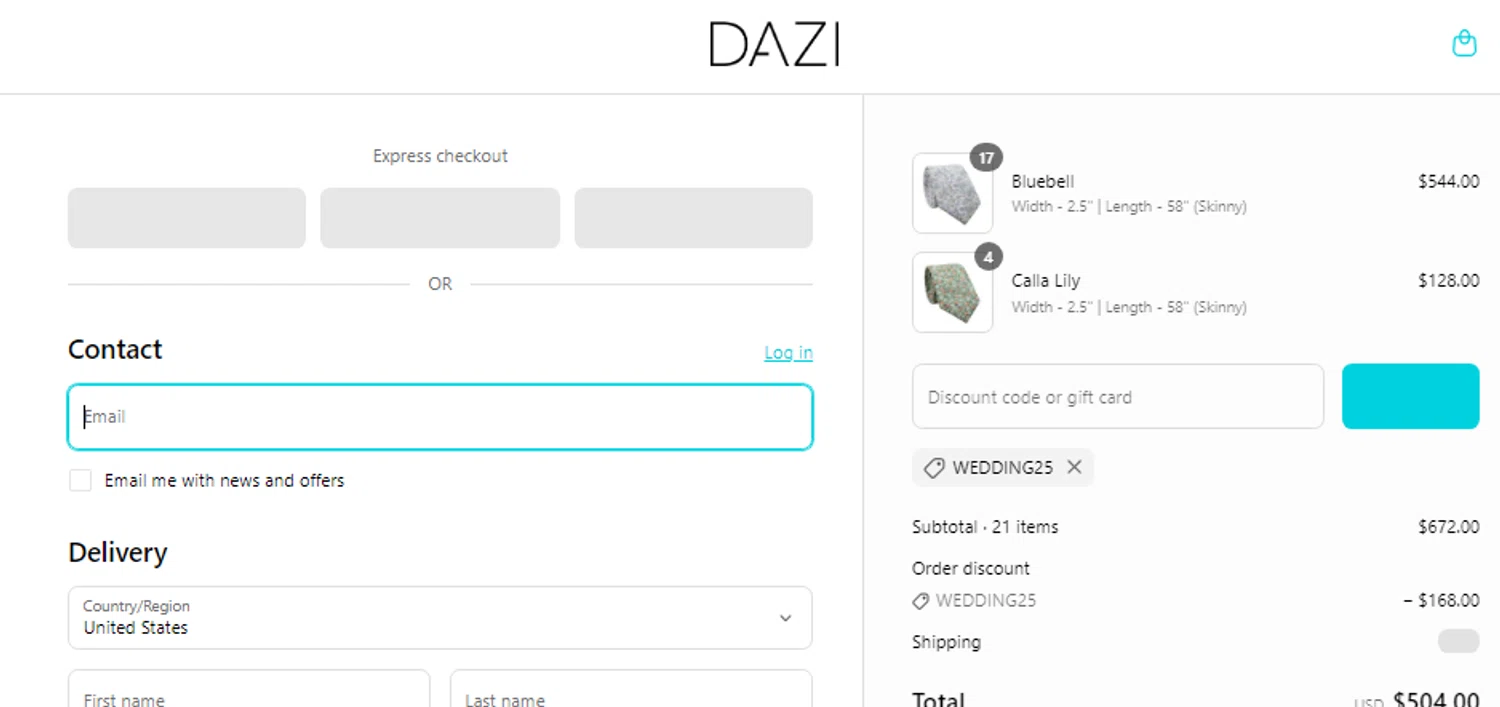 DAZI discount code screenshot showing code WEDDING25 applied at DAZI checkout page. Uploaded by SimplyCodes community member CouponSaver4196 on Mar 24, 2025