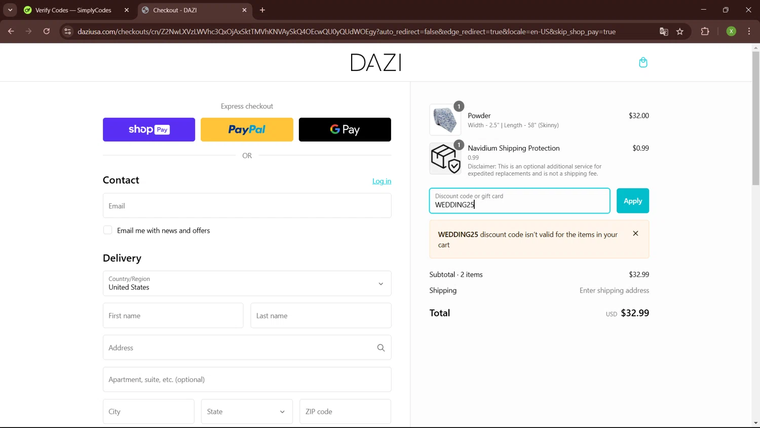 DAZI discount code screenshot showing code WEDDING25 applied at DAZI checkout page. Uploaded by SimplyCodes community member SaleTiger1087 on Feb 10, 2025