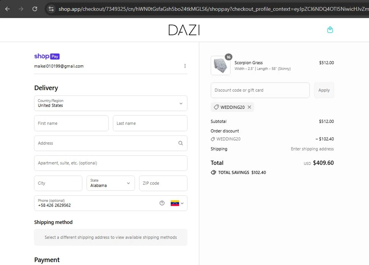 DAZI discount code screenshot showing code WEDDING20 applied at DAZI checkout page. Uploaded by SimplyCodes community member ElToro on Jul 21, 2025