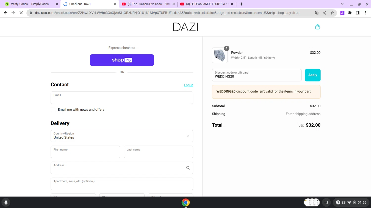 DAZI discount code screenshot showing code WEDDING20 applied at DAZI checkout page. Uploaded by SimplyCodes community member lapampita on Jun 14, 2025