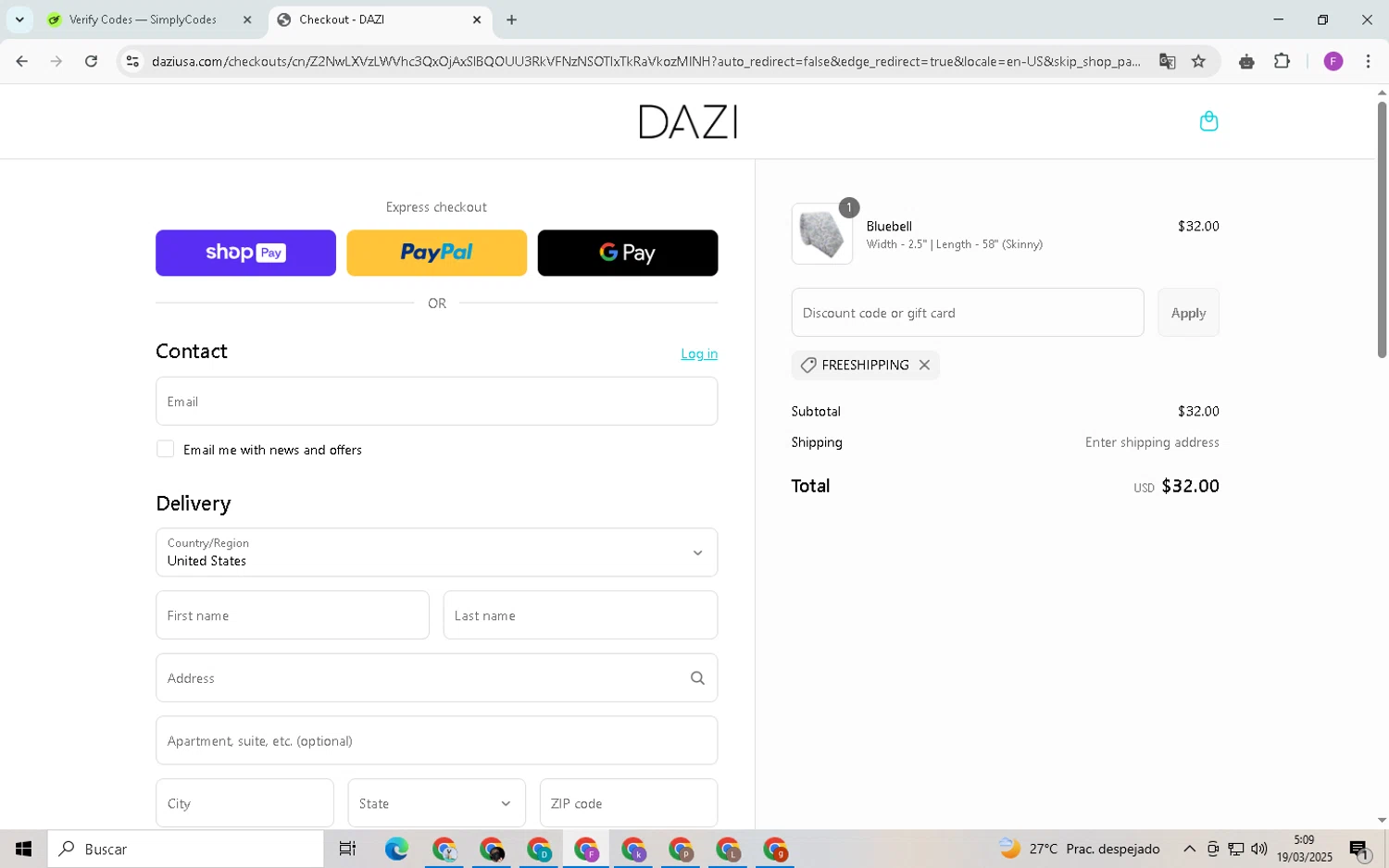 DAZI discount code screenshot showing code FREESHIPPING applied at DAZI checkout page. Uploaded by SimplyCodes community member CleverSpotter6431 on Mar 19, 2025