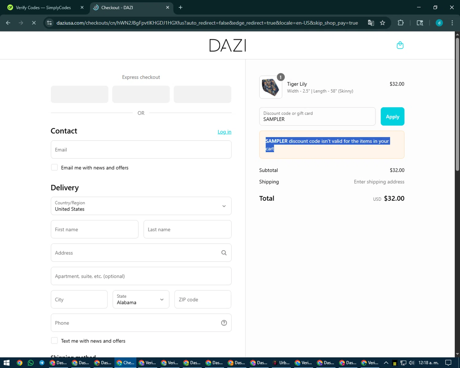 DAZI discount code screenshot showing code SAMPLER applied at DAZI checkout page. Uploaded by SimplyCodes community member CodeMaverick5767 on Aug 28, 2025