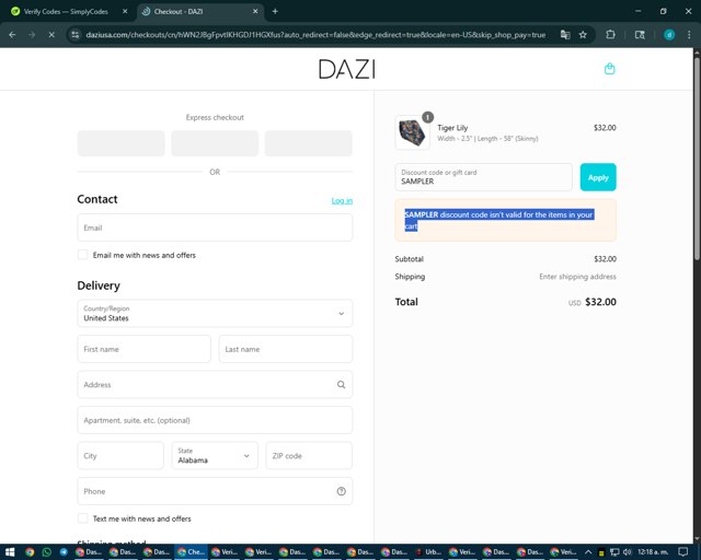 DAZI checkout page showing DAZI discount code box | Screenshot taken by SimplyCodes community member on Aug 28, 2025