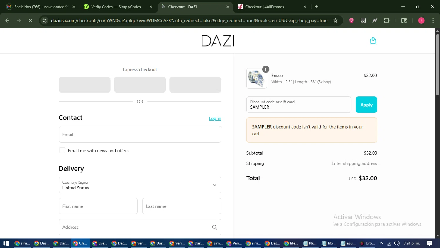 DAZI discount code screenshot showing code SAMPLER applied at DAZI checkout page. Uploaded by SimplyCodes community member WisePro3739 on Jul 22, 2025