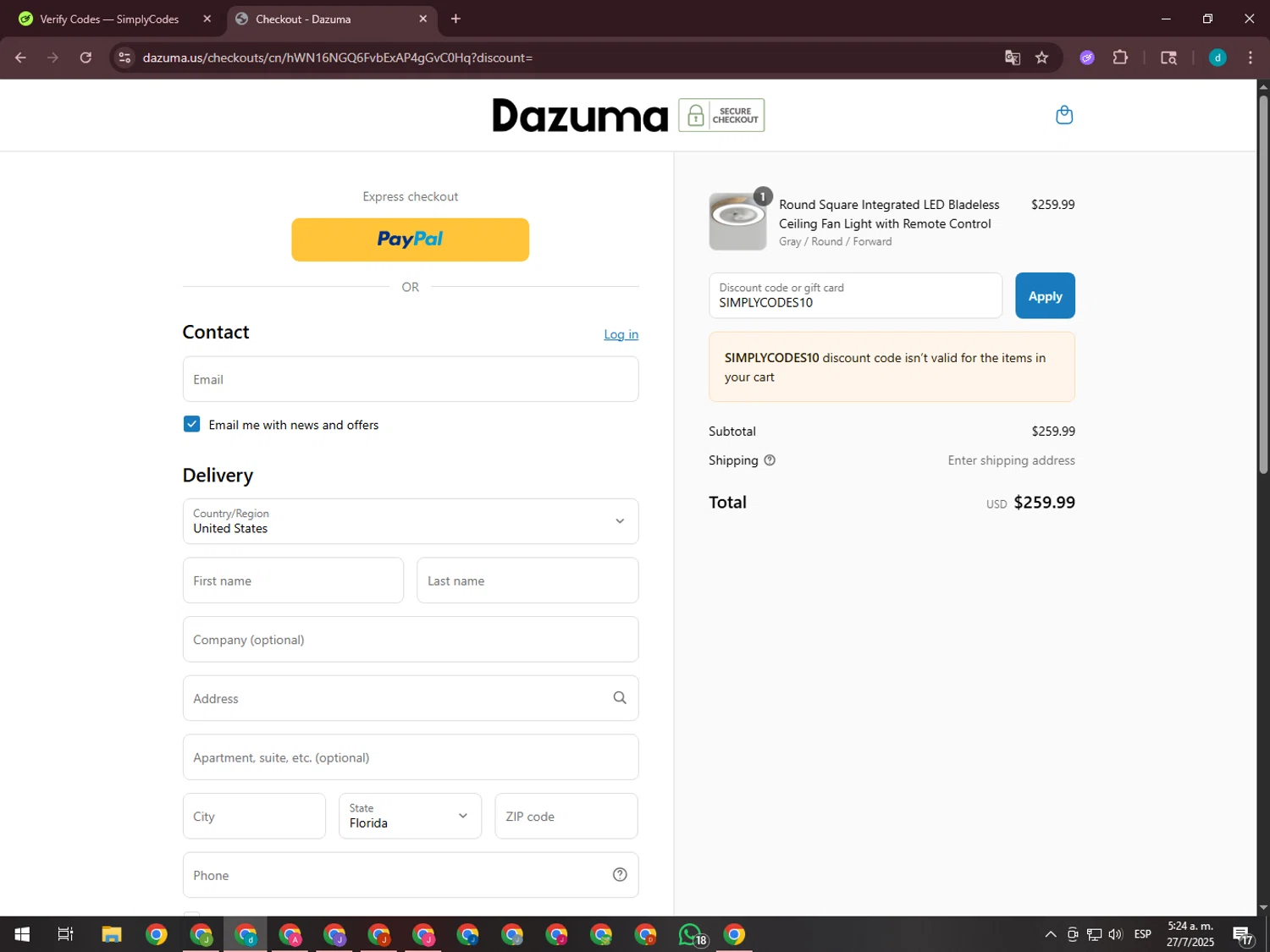 Dazuma US promo code screenshot showing code SIMPLYCODES10 applied at Dazuma US checkout page. Uploaded by SimplyCodes community member GloriousTiger3507 on Jul 27, 2025