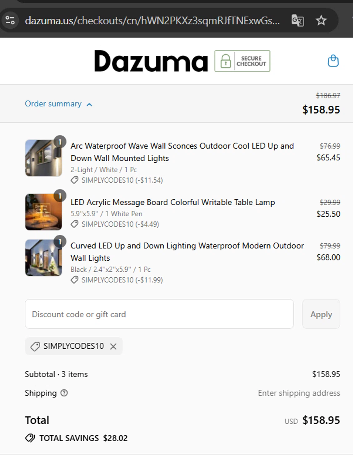 Dazuma US promo code screenshot showing code SIMPLYCODES10 applied at Dazuma US checkout page. Uploaded by SimplyCodes community member LaCalix3000 on Aug 30, 2025