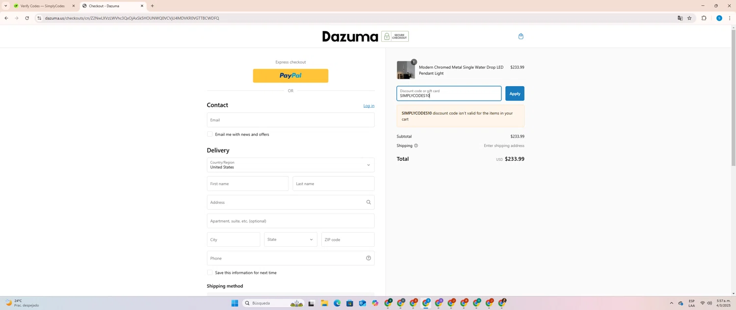 Dazuma US promo code screenshot showing code SIMPLYCODES10 applied at Dazuma US checkout page. Uploaded by SimplyCodes community member SalvadorC1 on Mar 4, 2025