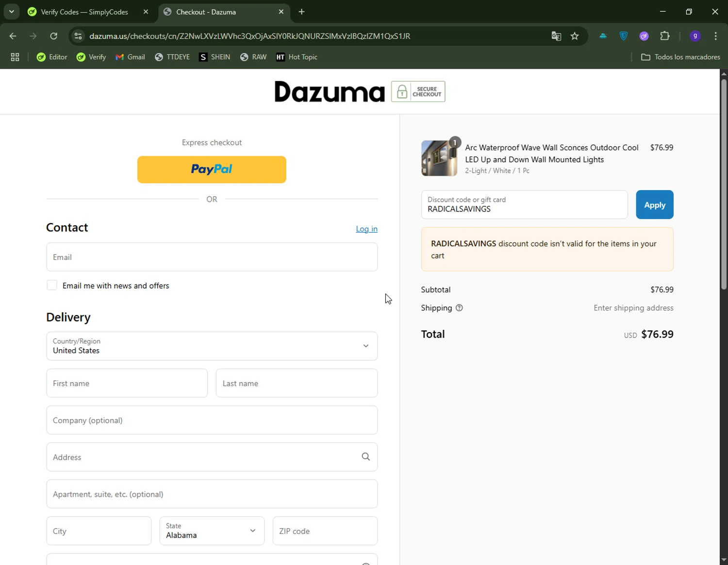 Dazuma US promo code screenshot showing code RADICALSAVINGS applied at Dazuma US checkout page. Uploaded by SimplyCodes community member CapitanCentella on May 13, 2025