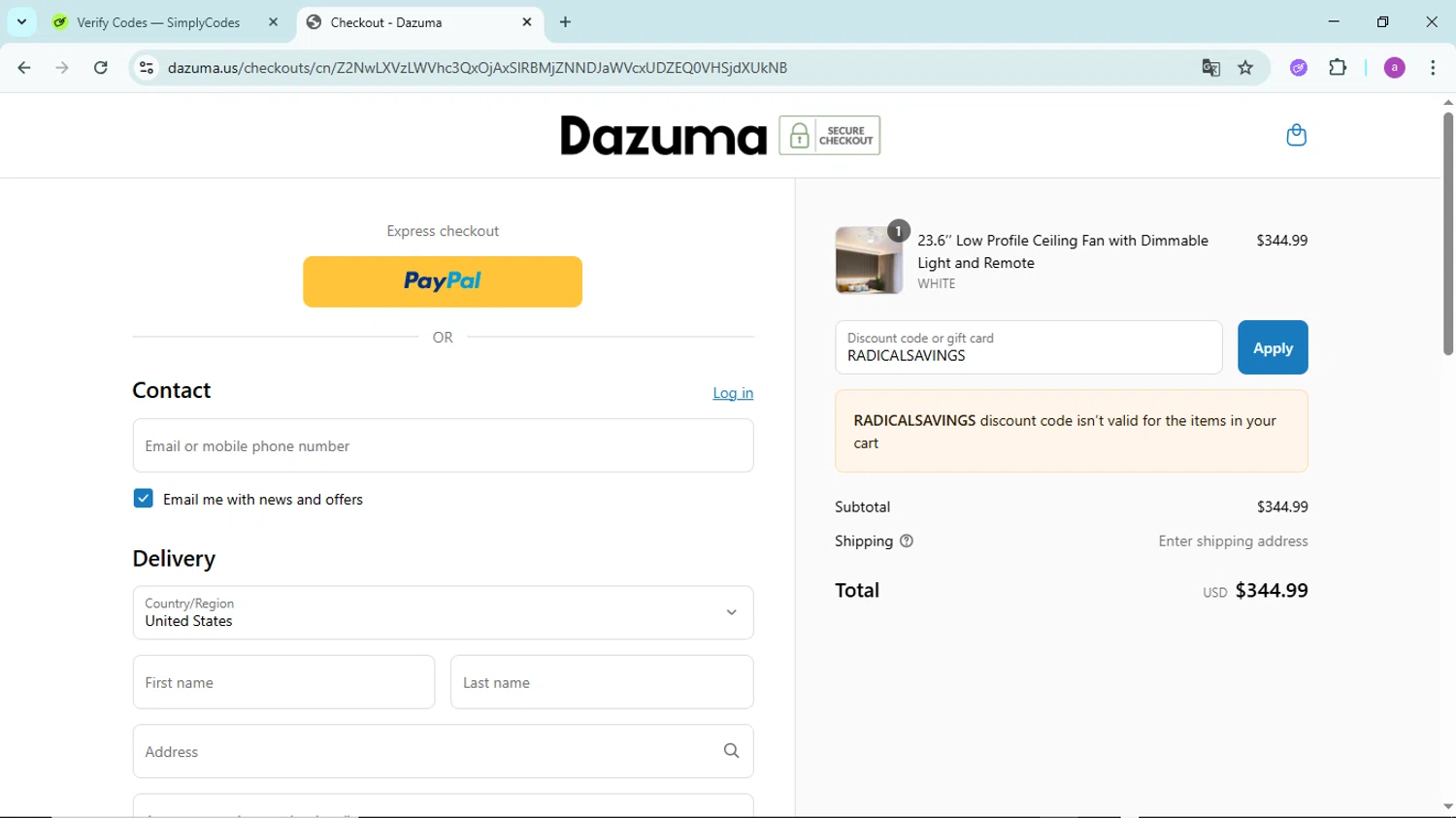 Dazuma US promo code screenshot showing code RADICALSAVINGS applied at Dazuma US checkout page. Uploaded by SimplyCodes community member PennyBoss9589 on May 3, 2025