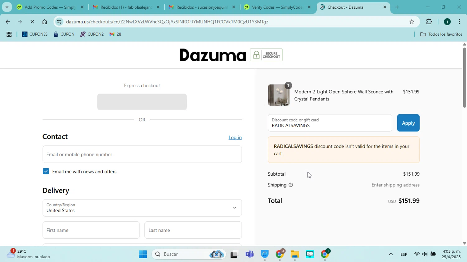 Dazuma US promo code screenshot showing code RADICALSAVINGS applied at Dazuma US checkout page. Uploaded by SimplyCodes community member jorgejavierherrera on Apr 25, 2025