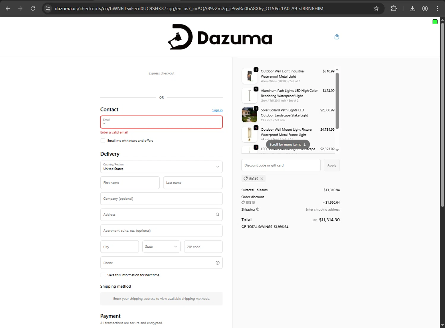 Dazuma US promo code screenshot showing code BIG15 applied at Dazuma US checkout page. Uploaded by SimplyCodes community member kaiser2 on Dec 23, 2025