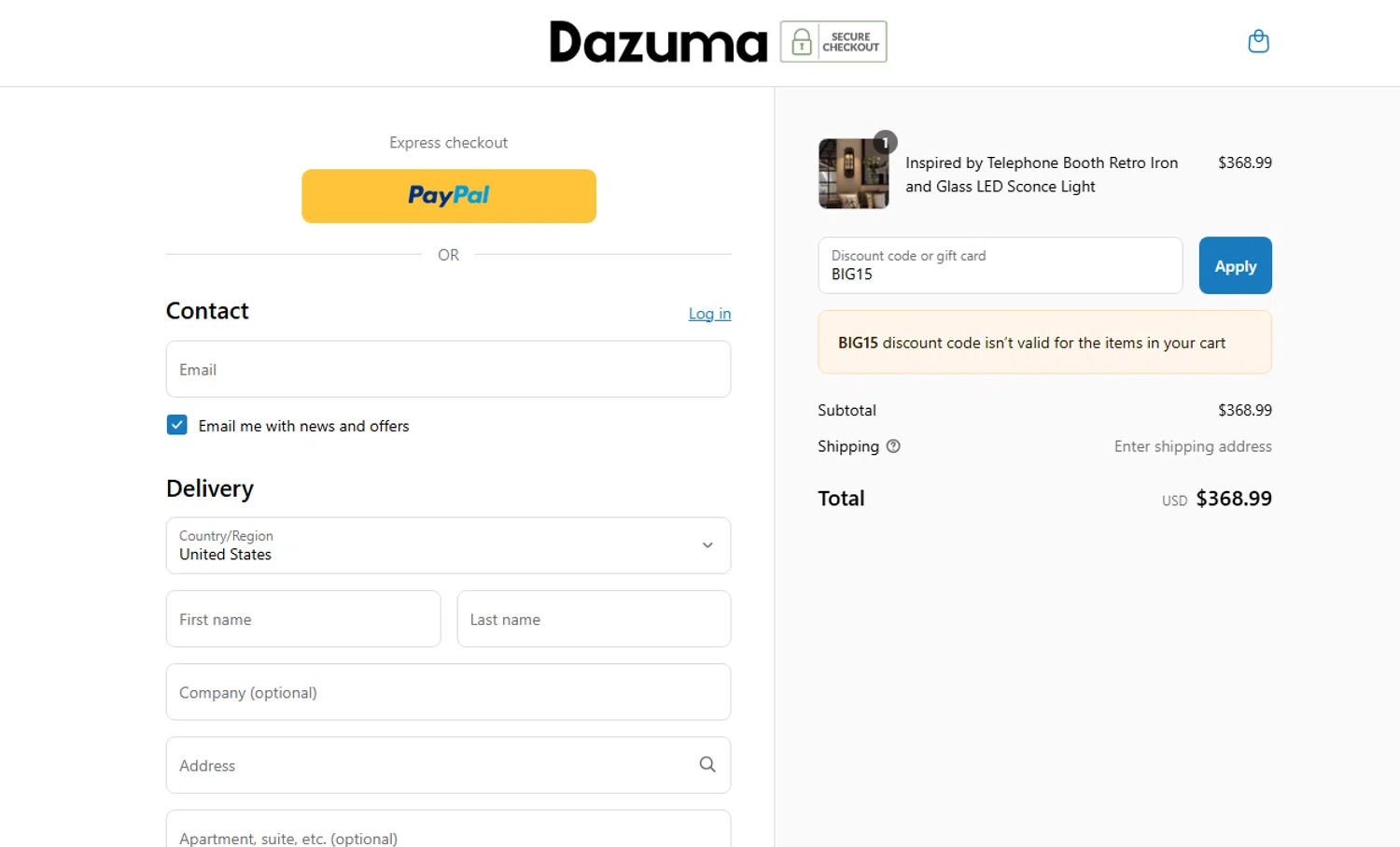 Dazuma US promo code screenshot showing code BIG15 applied at Dazuma US checkout page. Uploaded by SimplyCodes community member lukeCallahannn on Jul 9, 2025