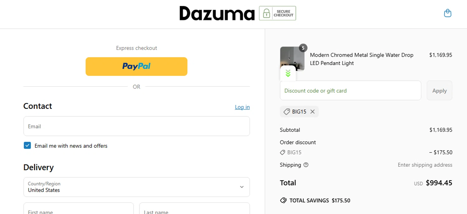 Dazuma US promo code screenshot showing code BIG15 applied at Dazuma US checkout page. Uploaded by SimplyCodes community member antonietarodriguez96 on May 30, 2025