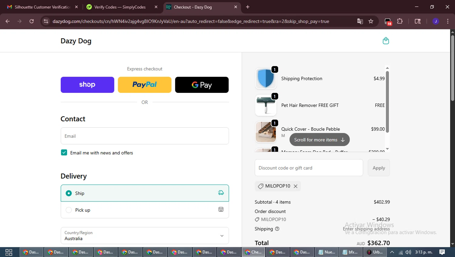 Dazy Dog discount code screenshot showing code Milopop10 applied at Dazy Dog checkout page. Uploaded by SimplyCodes community member LegendaryLegend9872 on Oct 30, 2025