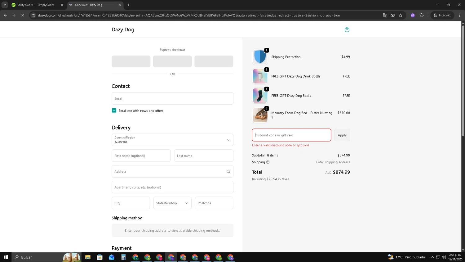 Dazy Dog discount code screenshot showing code COZY10 applied at Dazy Dog checkout page. Uploaded by SimplyCodes community member CRF250CC on Nov 13, 2025