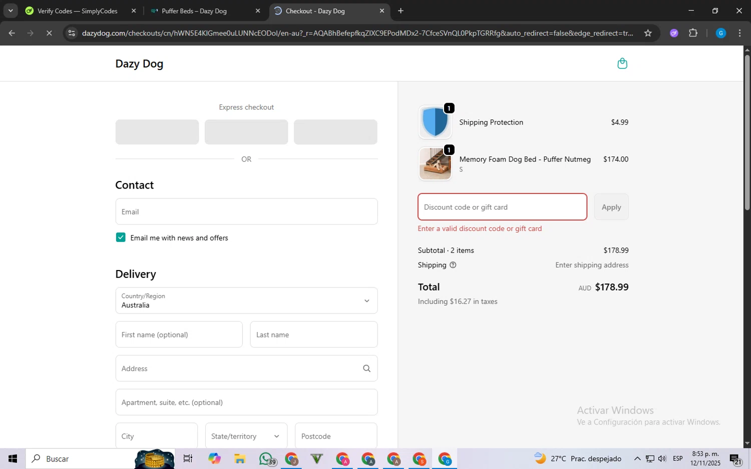 Dazy Dog discount code screenshot showing code COZY10 applied at Dazy Dog checkout page. Uploaded by SimplyCodes community member FrugalLynx8088 on Nov 13, 2025