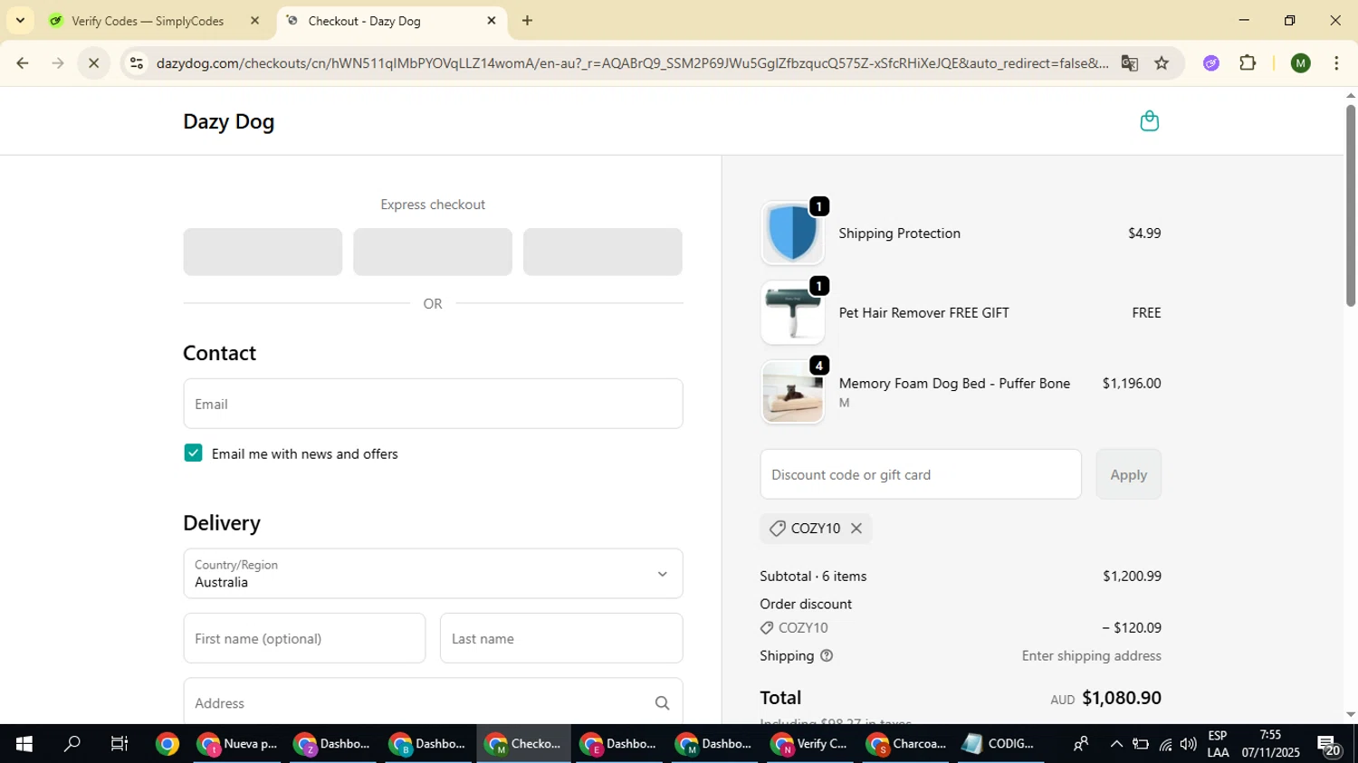 Dazy Dog discount code screenshot showing code COZY10 applied at Dazy Dog checkout page. Uploaded by SimplyCodes community member loversuper on Nov 7, 2025