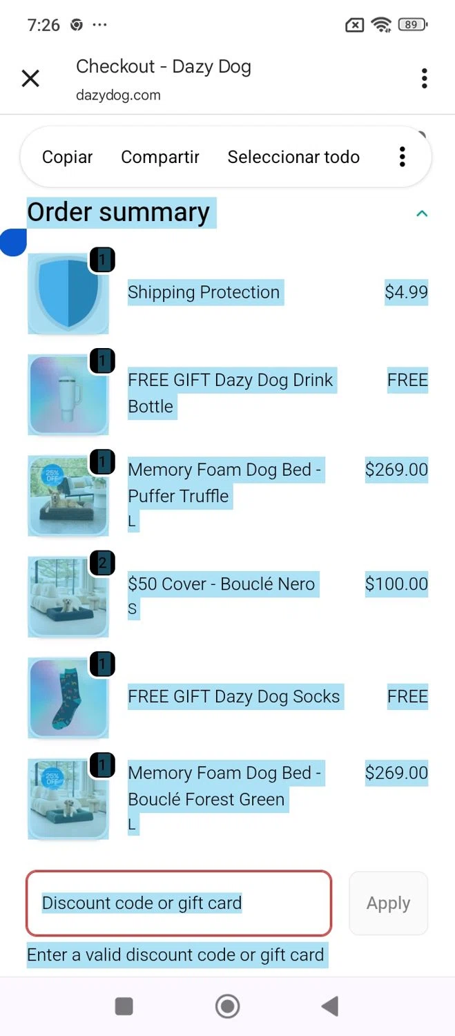 Dazy Dog discount code screenshot showing code bfcm10 applied at Dazy Dog checkout page. Uploaded by SimplyCodes community member GloriousPro8890 on Dec 26, 2025