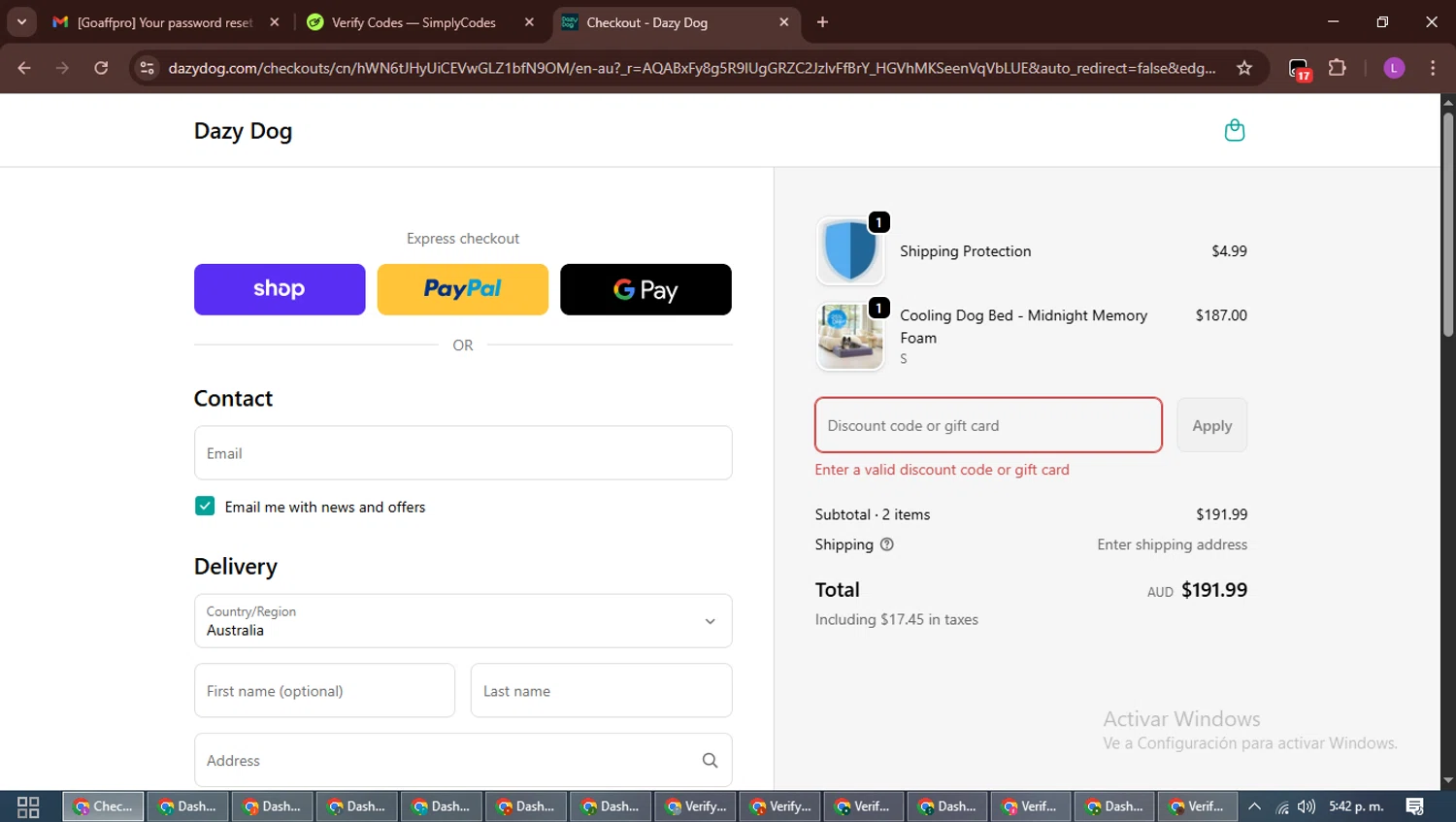 Dazy Dog discount code screenshot showing code bfcm10 applied at Dazy Dog checkout page. Uploaded by SimplyCodes community member RewardScout5160 on Dec 26, 2025