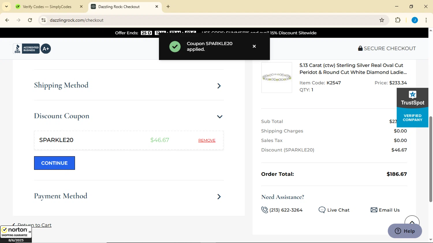 Dazzling Rock promo code screenshot showing code Sparkle20 applied at Dazzling Rock checkout page. Uploaded by SimplyCodes community member Luisitoxd12 on Aug 6, 2025
